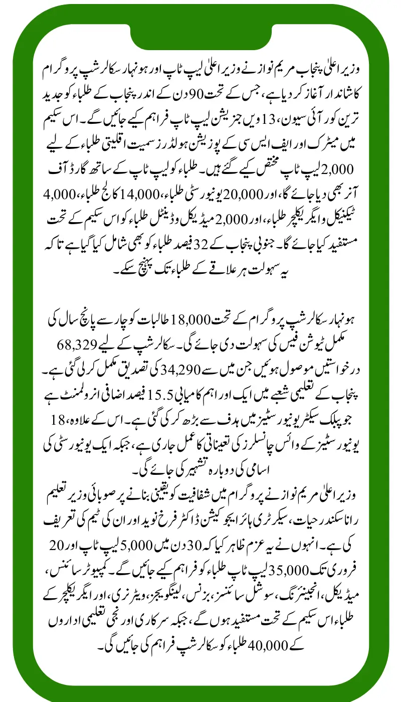 Punjab Chief Minister Maryam Nawaz has launched the Chief Minister Laptop and Honhar Scholarship Program, under which the students of Punjab