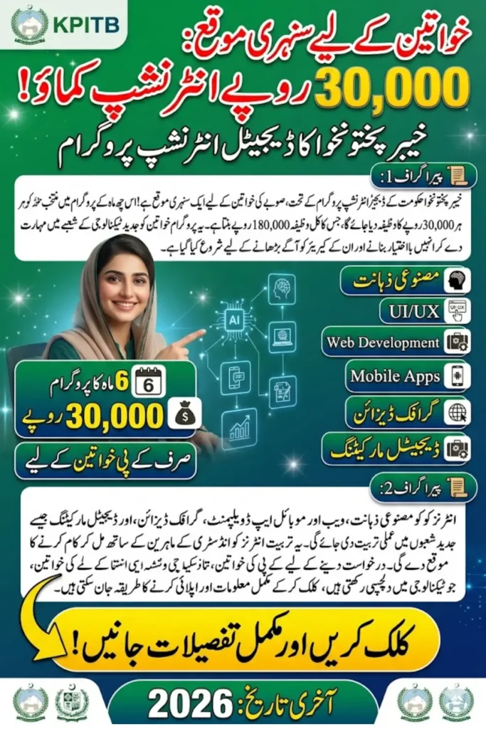 Digital Internship Program for Women in KP 2025–26 Earn Rs. 30,000 Monthly Stipend