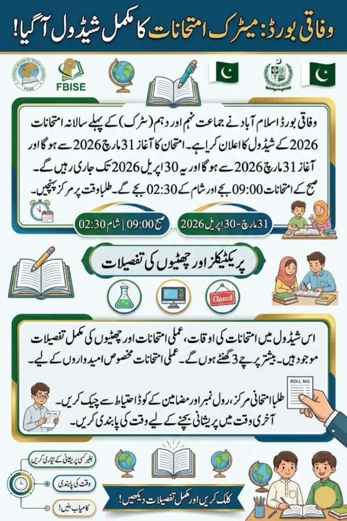 FBISE SSC 1st Annual Exam 2026 Complete Date Sheet and Practical Schedule for Class 9 & 10