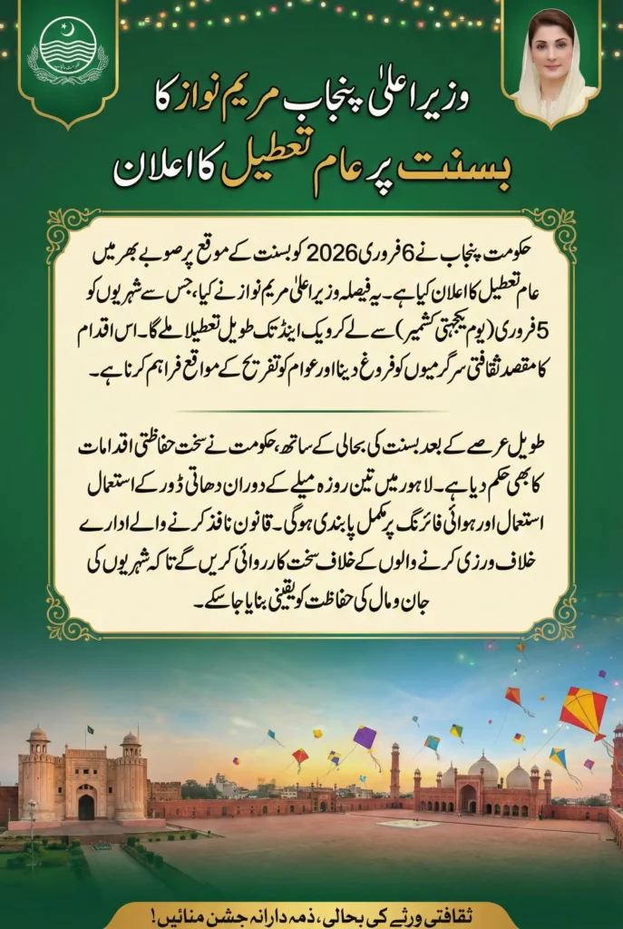 Punjab CM Maryam announces Basant holiday in province