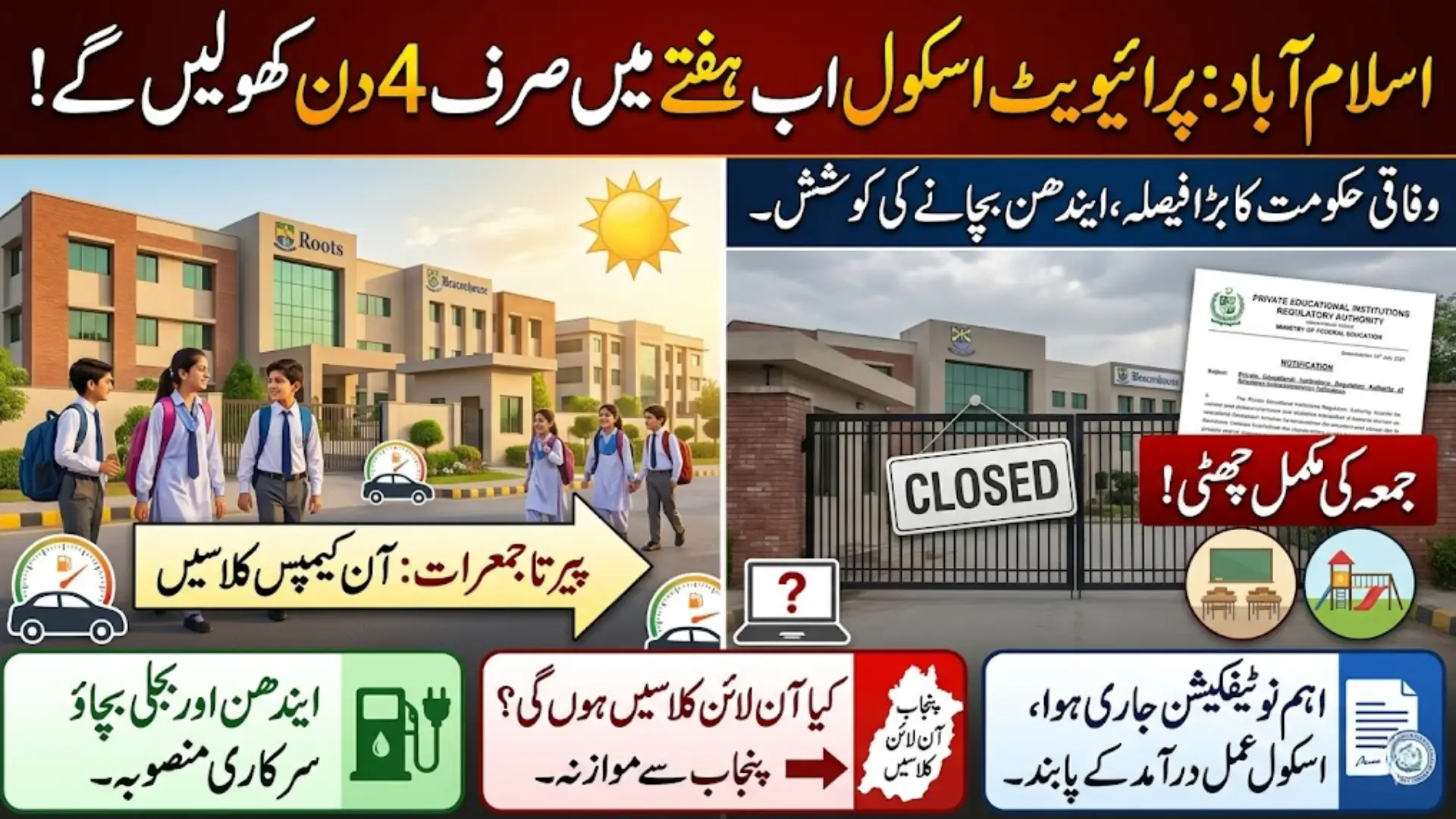 Four-Day School Week Islamabad: Private Schools Shift to Monday–Thursday Schedule Amid Fuel-Saving Measures