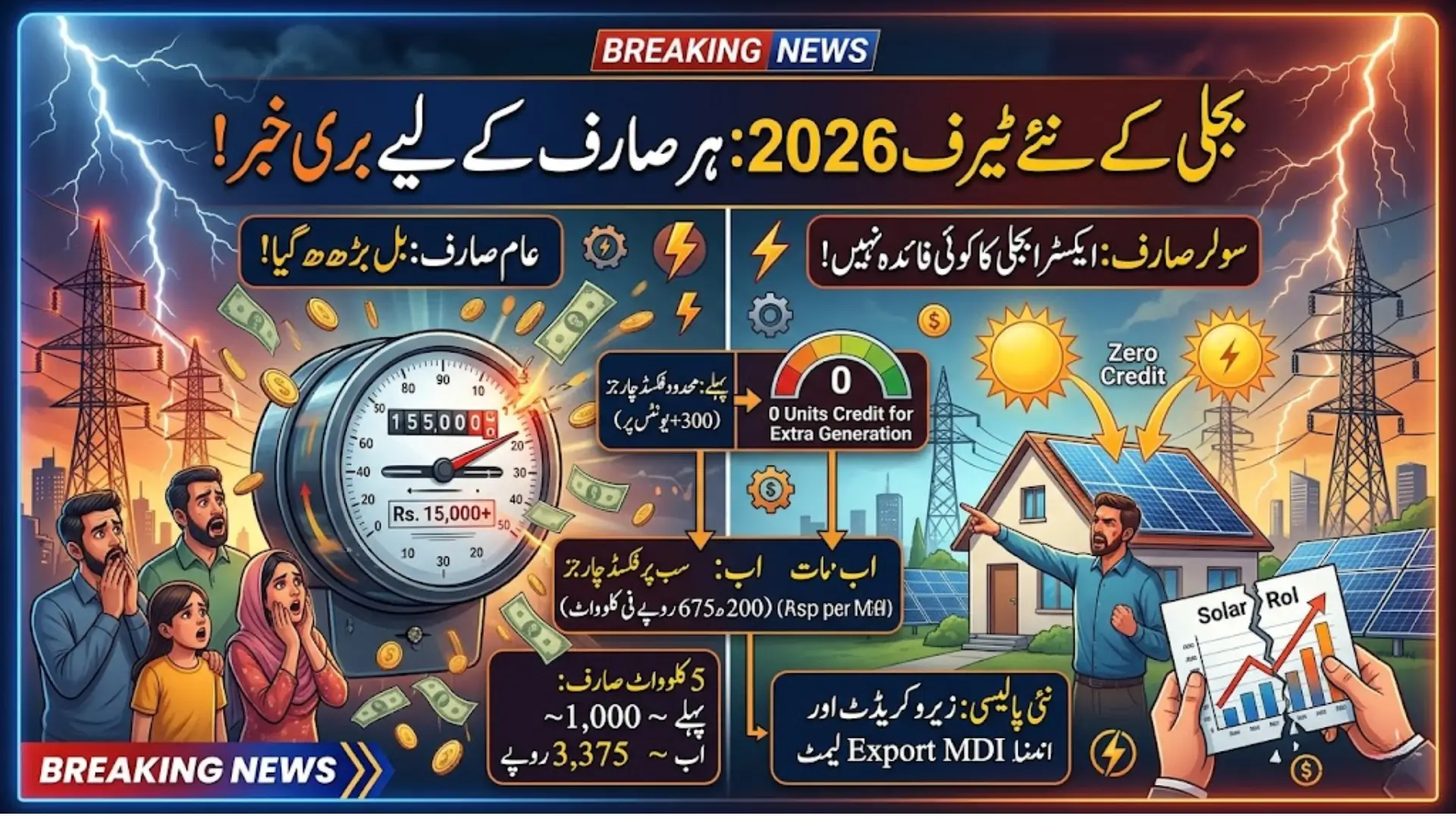 Pakistan Electricity Tariff Changes 2026: New Solar Net Metering Rules and Fixed Charges Increase Bills