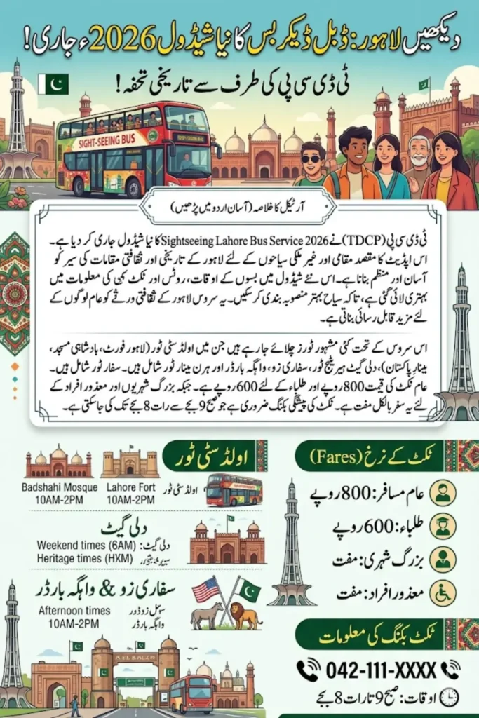 Sightseeing Lahore Bus Service Schedule 2026: Updated Routes, Timings and Ticket Fares by TDCP